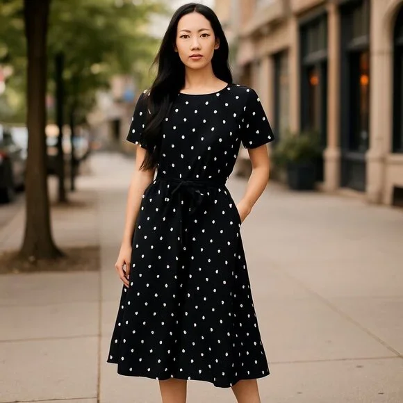 Black Polka Dot Button-Skirt Belted Midi Dress Business Career Academia SZ M - Picture 1 of 4
